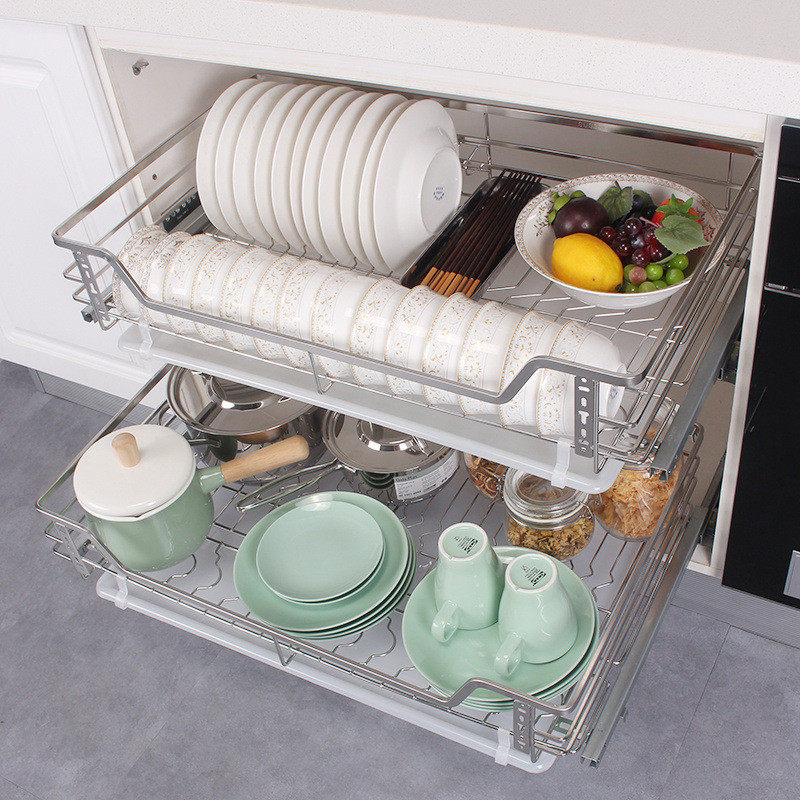 厨房橱柜拉篮拉篮304不锈钢双层缓冲抽屉式碗碟篮调味拉篮置物架,淘宝优惠券,粉丝福利购,淘宝优惠卷