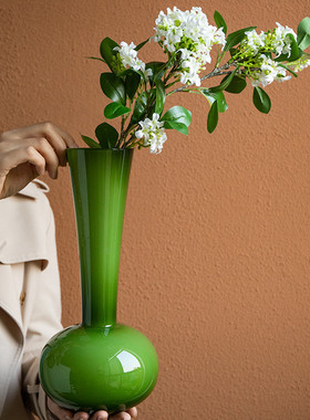 热销小悠家〖轻奢感〗复古绿色插花花瓶玄关玻璃摆件蝴蝶兰长颈器