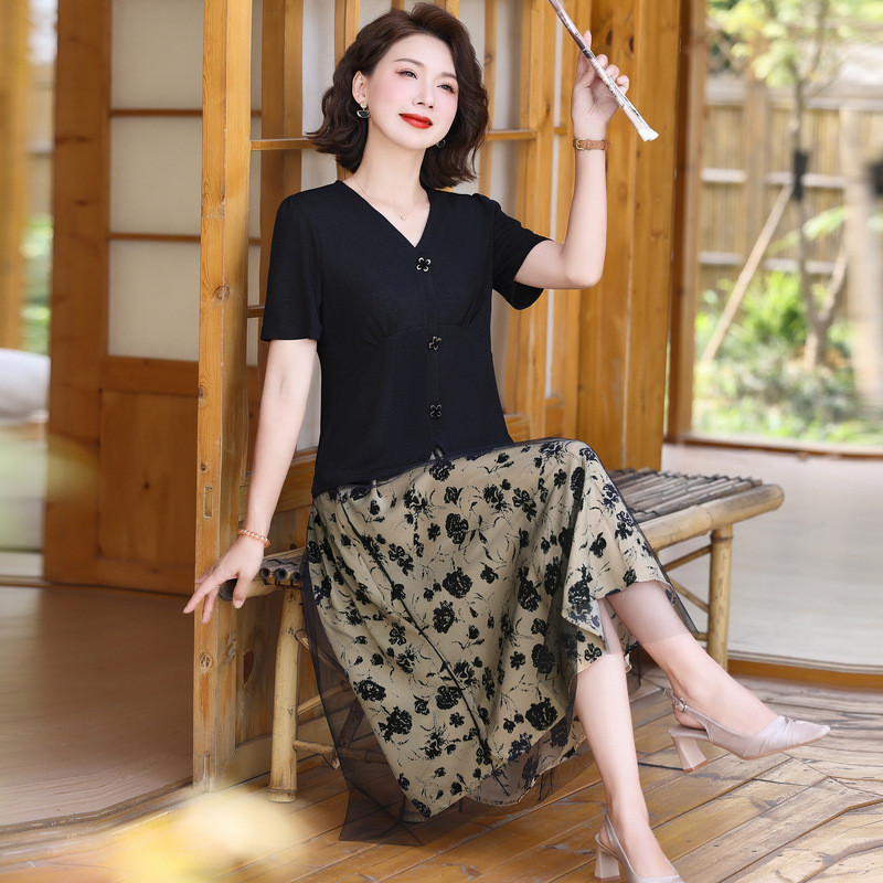 夏季中年妈妈连衣裙中老年短袖装套装时尚上衣+网纱半身裙两件套 - 图2