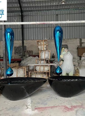 热销轻奢现代玻璃钢水滴雕塑创意流水喷泉客厅售楼处大型落地摆件