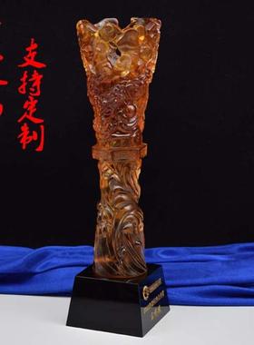 九五之尊琉璃龙柱员工黑水晶底座圆柱工艺品奖牌单位企业奖杯荣休