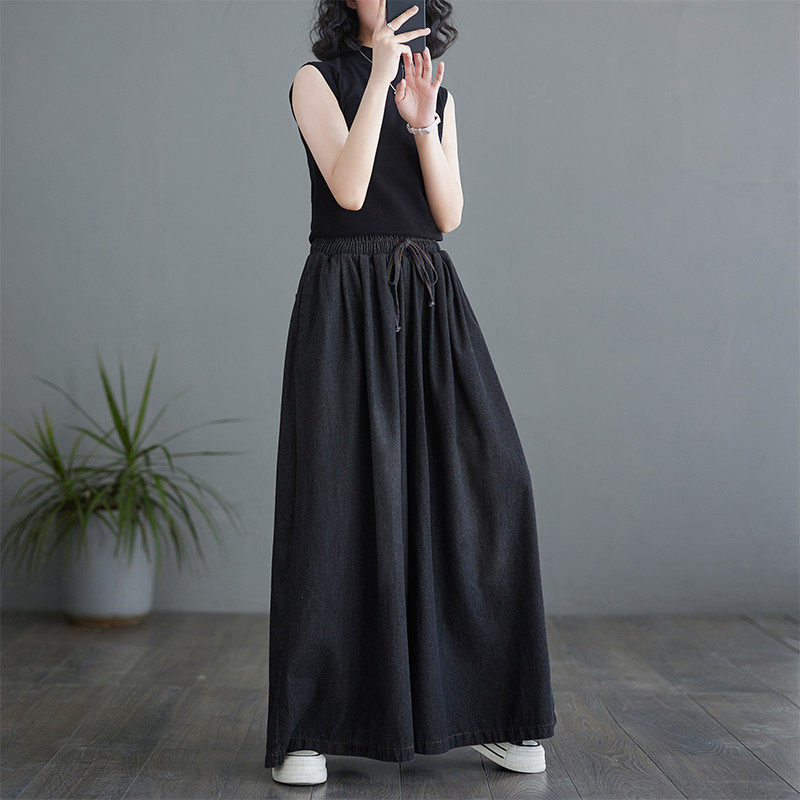 牛仔阔腿裤女夏季百搭垂感长裤宽松大码松紧腰系带裤裙潮,淘宝优惠券,粉丝福利购,淘宝优惠卷