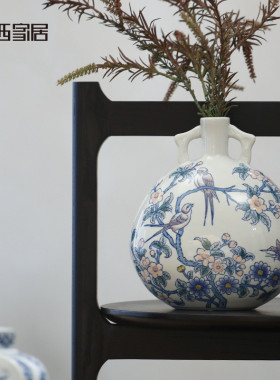 热销博西家居双耳复古新中式青花瓷陶瓷花瓶摆件家居酒壶花器装饰