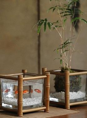 花瓶高升手工竹编玻璃花器节节中式花架送鱼缸