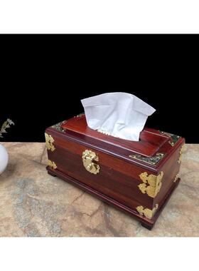 红酸枝包铜纸巾盒 翻盖加绒红木抽纸盒素面实木餐巾纸盒子