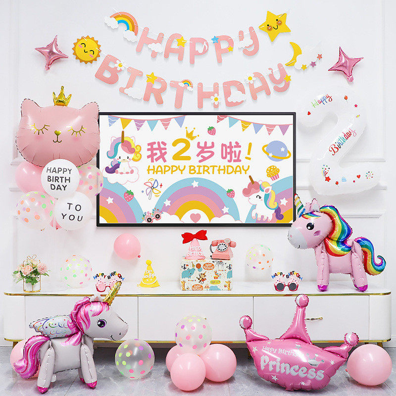 女孩女童女宝宝儿童周岁生日装饰场景布置派对背景墙电视投屏气球,淘宝优惠券,粉丝福利购,淘宝优惠卷
