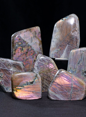 天然粉光彩光紫光拉长石书档摆件 原石矿标裸石造景月光石 批发