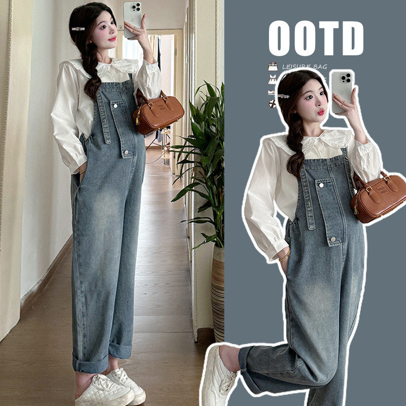 孕妇装春秋套装2024秋季新款网红大码牛仔背带裤长袖衬衣女两件套,淘宝优惠券,粉丝福利购,淘宝优惠卷