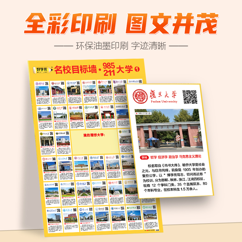 好学匠985/211名校目标墙贴百所名校大学讲解给孩子种下一个大学梦贴纸 高中教室布置班级墙挂图墙贴画 好学匠旗舰店 名校激励榜