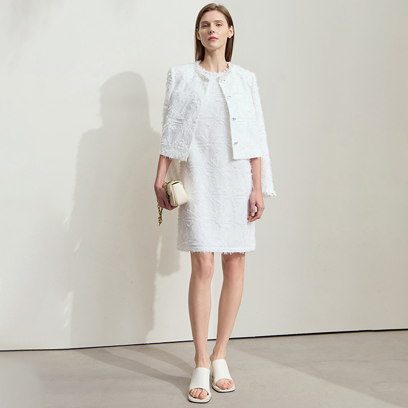 Amii2025夏新款优雅香风珠片织带圆领流苏连衣裙女H型背心裙子