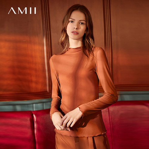 Amii2026春新款百搭长袖T恤女半高领修身显瘦黑色打底衫网纱上衣 - 图0