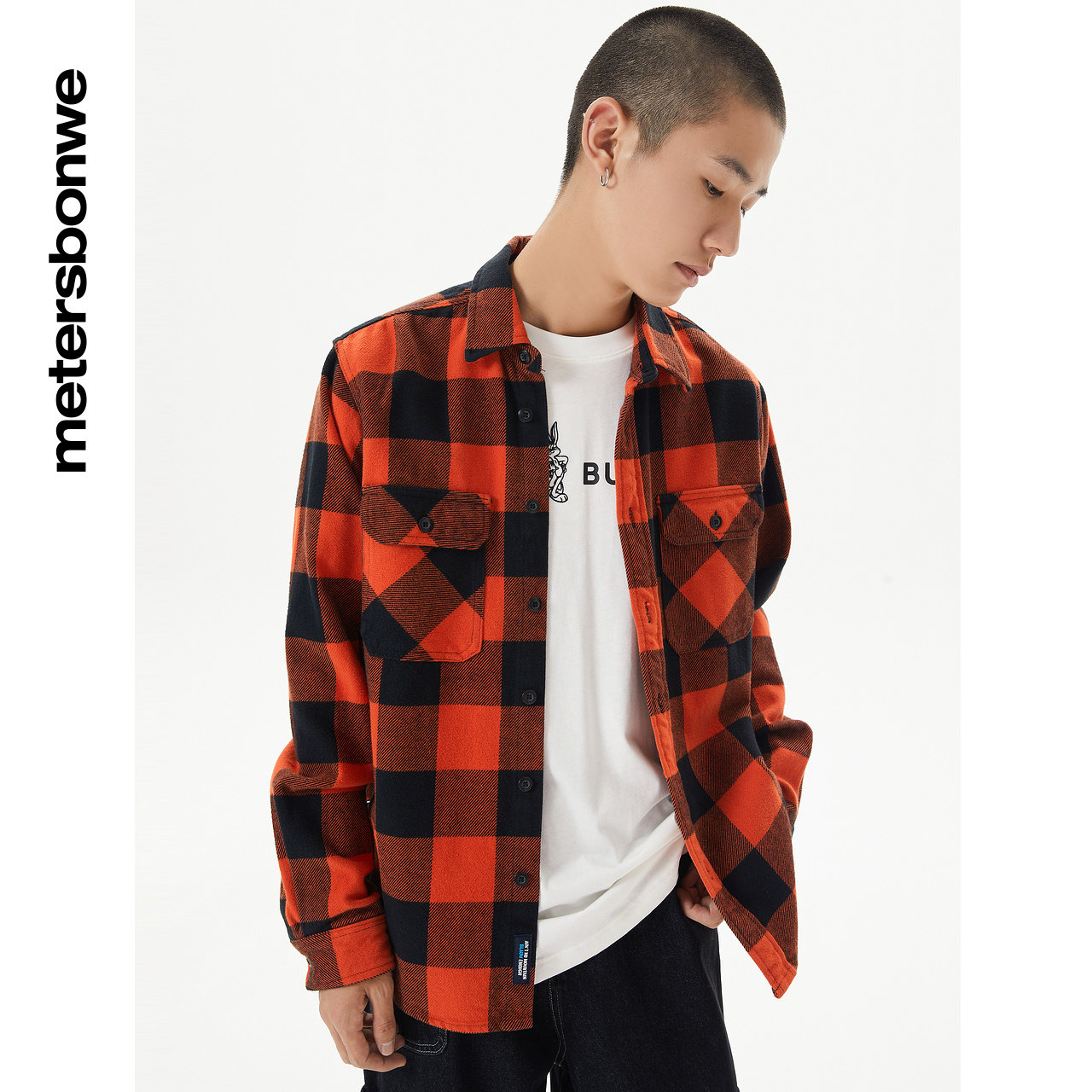 美特斯邦威男冬季工装格纹校园衬衫 metersbonwe霓尚衬衫