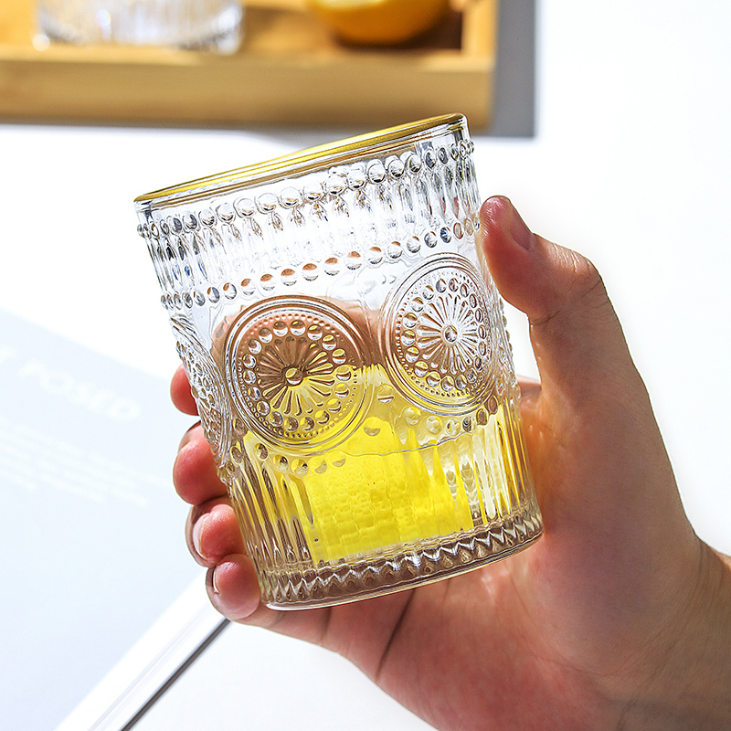 日本AKAW浮雕玻璃杯家用夏季女高颜值ins风咖啡牛奶太阳花水杯子 - 图1