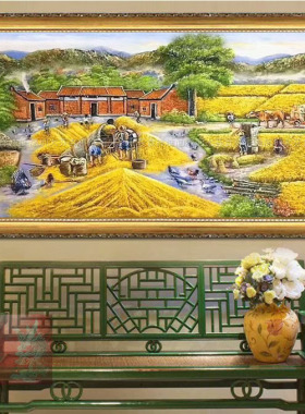手绘风景动物农家五谷丰收图稻田