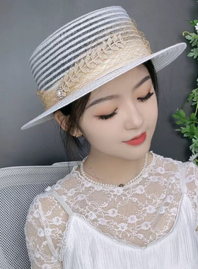 麦穗款春夏季设计师款轻奢平顶平檐女士礼帽法式复古防晒草帽