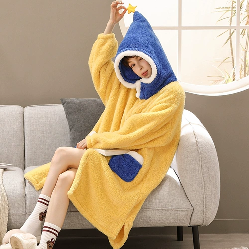 Коралловая бархатная демисезонная утепленная пижама с капюшоном, милый удерживающий тепло банный халат, 2021 года