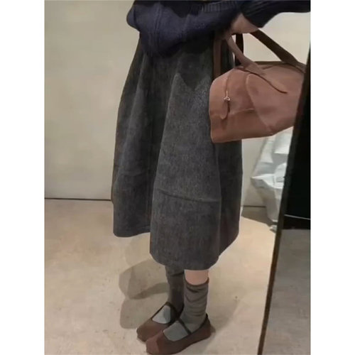 深灰色毛呢花苞裙女春秋季新款高腰a字加厚半身裙中长款蓬蓬长裙 - 图1