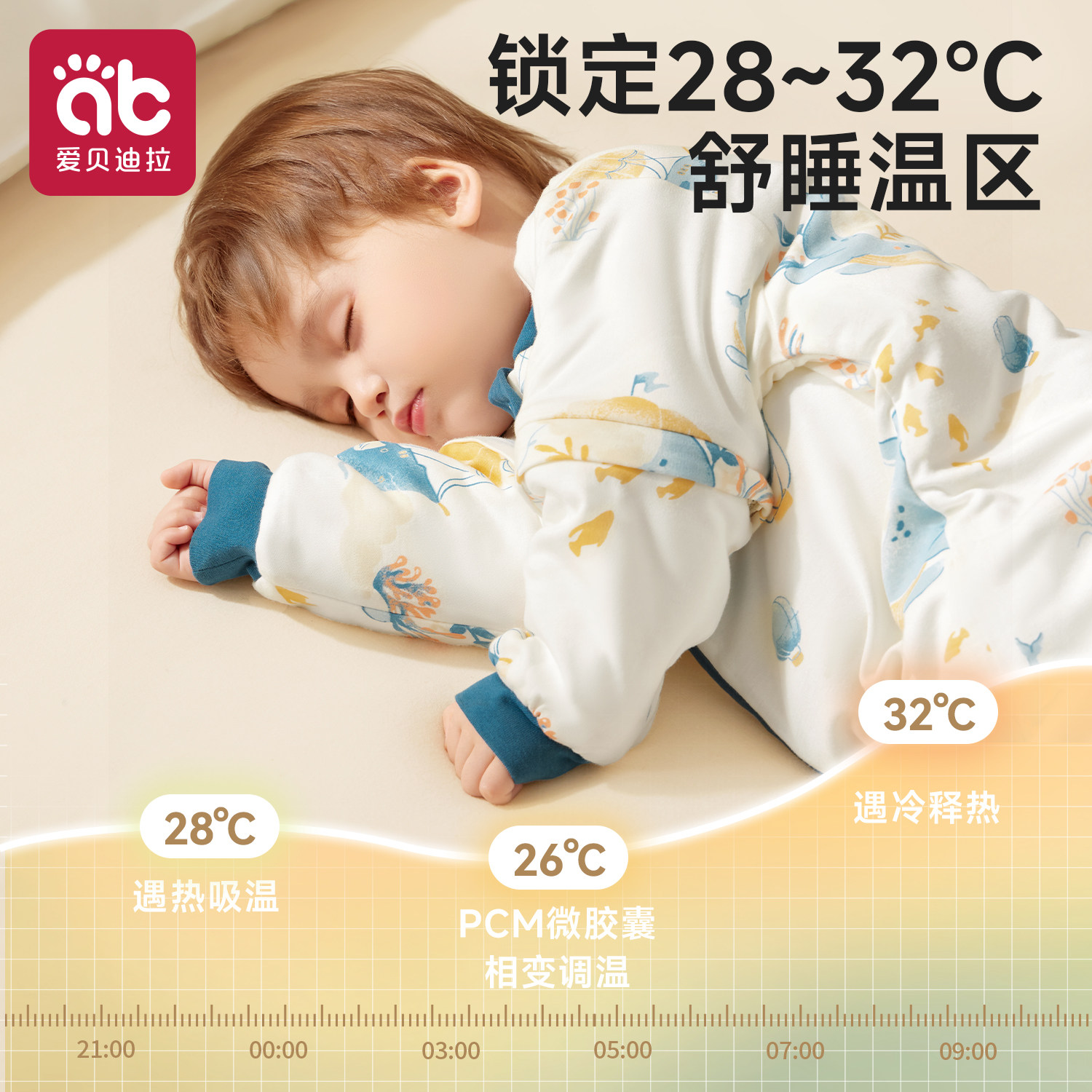 爱贝迪拉[暖姜]婴儿睡袋秋冬季恒温加厚宝宝儿童防踢被子四季通用