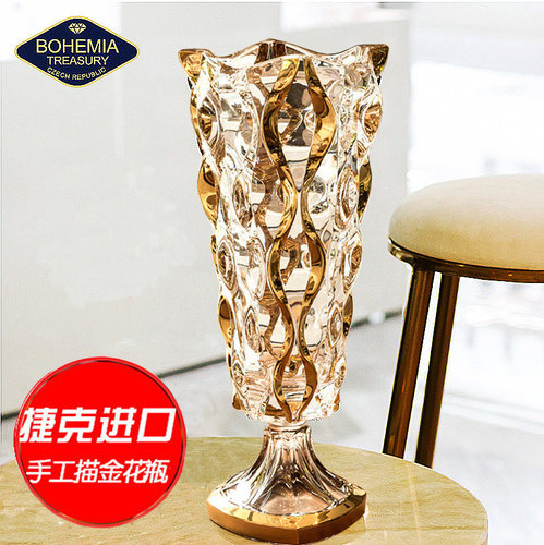 捷克进口BOHEMIA水晶玻璃手工描金线花瓶客厅装饰摆件富贵竹花瓶 - 图1