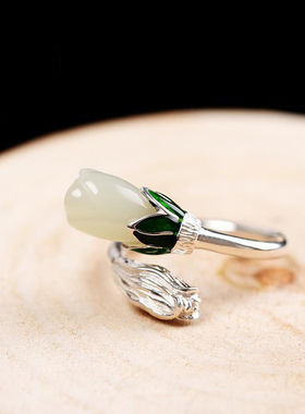 925银饰品和田玉开口戒指指环女