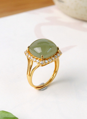 和田玉方形戒指女s925银镀金镶白