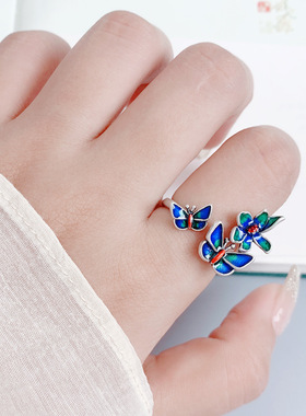 925纯银多蝴蝶戒指活口花朵个性