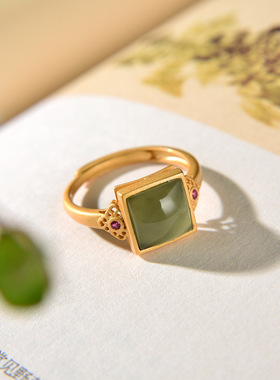 和田玉方形戒指女士s925银镀金镶