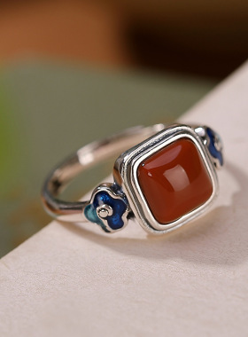 S925纯银南红玛瑙戒指女民族风复