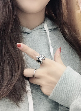 s925纯银五角星三连星男女款戒指