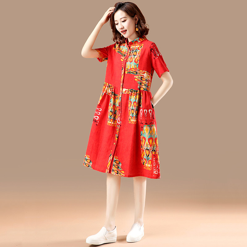 大码女装棉麻衬衣裙短袖开衫连衣裙 媚娇兰大码女装