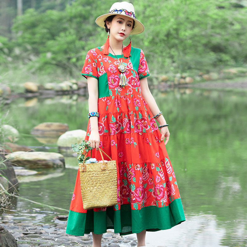 2020新款大码民族风盘扣碎花连衣裙 媚娇兰大码女装