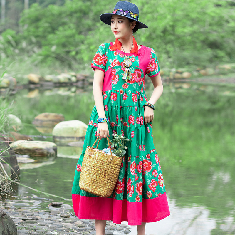 2020新款大码民族风盘扣碎花连衣裙 媚娇兰大码女装