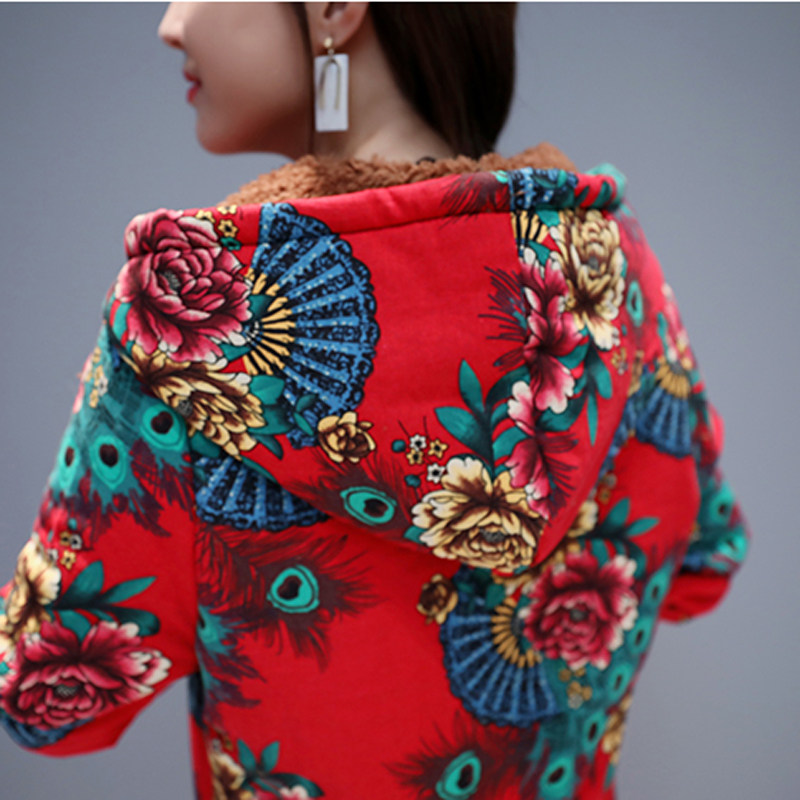 民族风加绒加厚花色遮肚子妈妈棉袄 媚娇兰大码女装