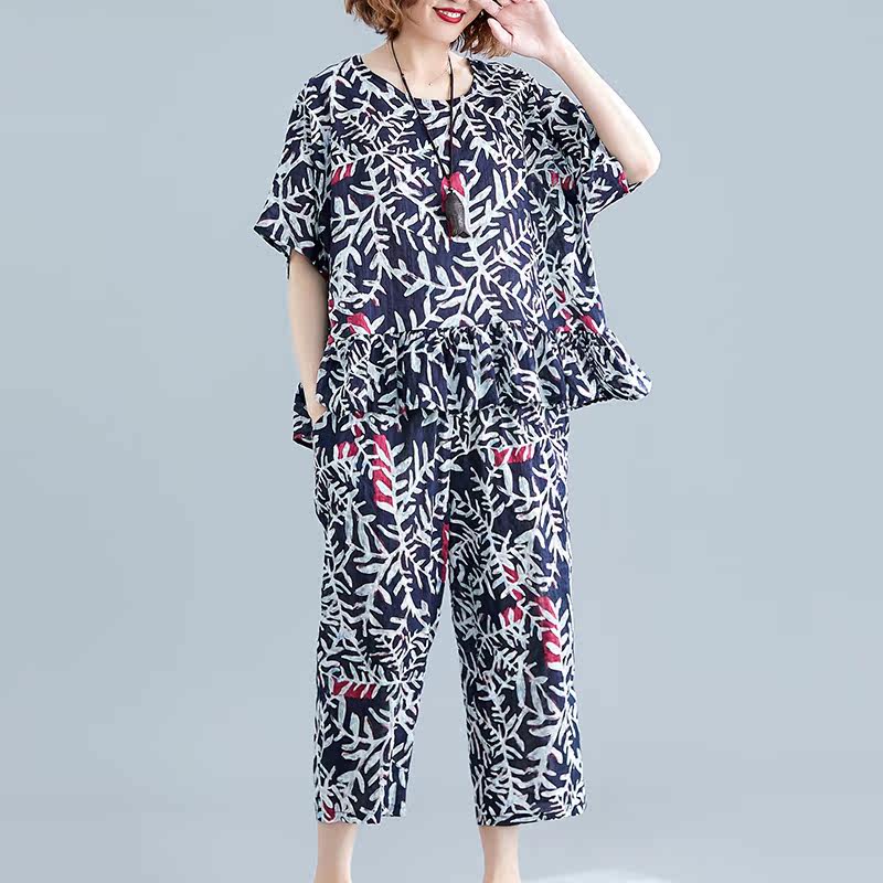 大码女装胖mm民族风碎花两件套洋气 媚娇兰大码女装