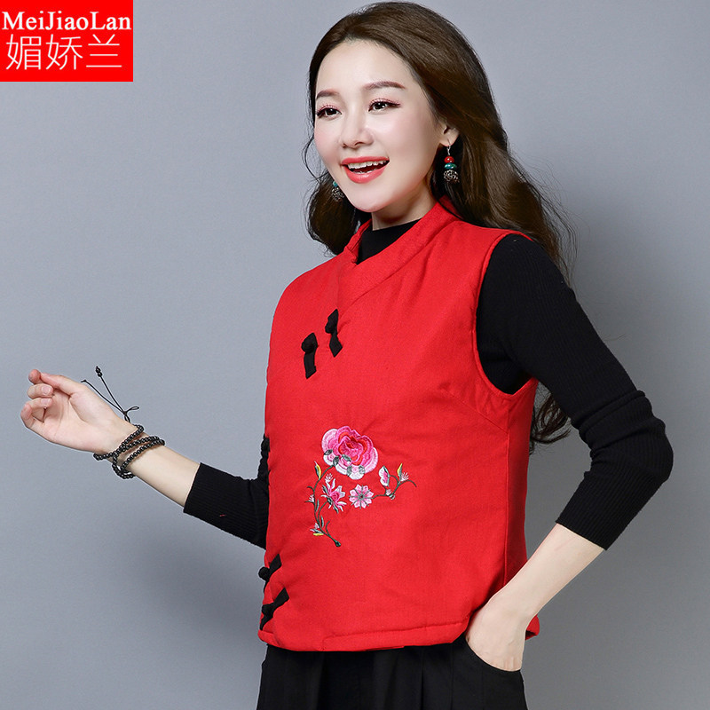 民族风秋冬短款马甲无袖夹复古棉袄 媚娇兰大码女装