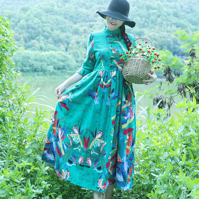 碎花棉麻复古大摆裙春夏秋连衣裙 媚娇兰大码女装