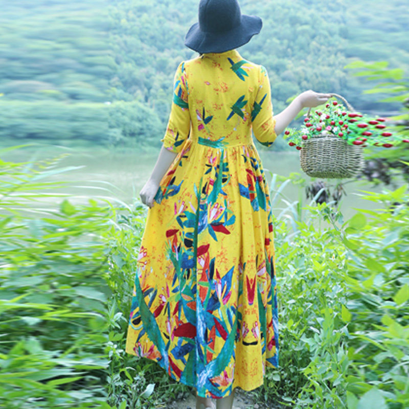 碎花棉麻复古大摆裙春夏秋连衣裙 媚娇兰大码女装