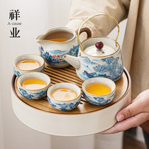 Rice Yellow Ru Kiln Chinese Style Teapot small suit Home One person Kung Fu tea Tipping beam pot tea cup round tea tray