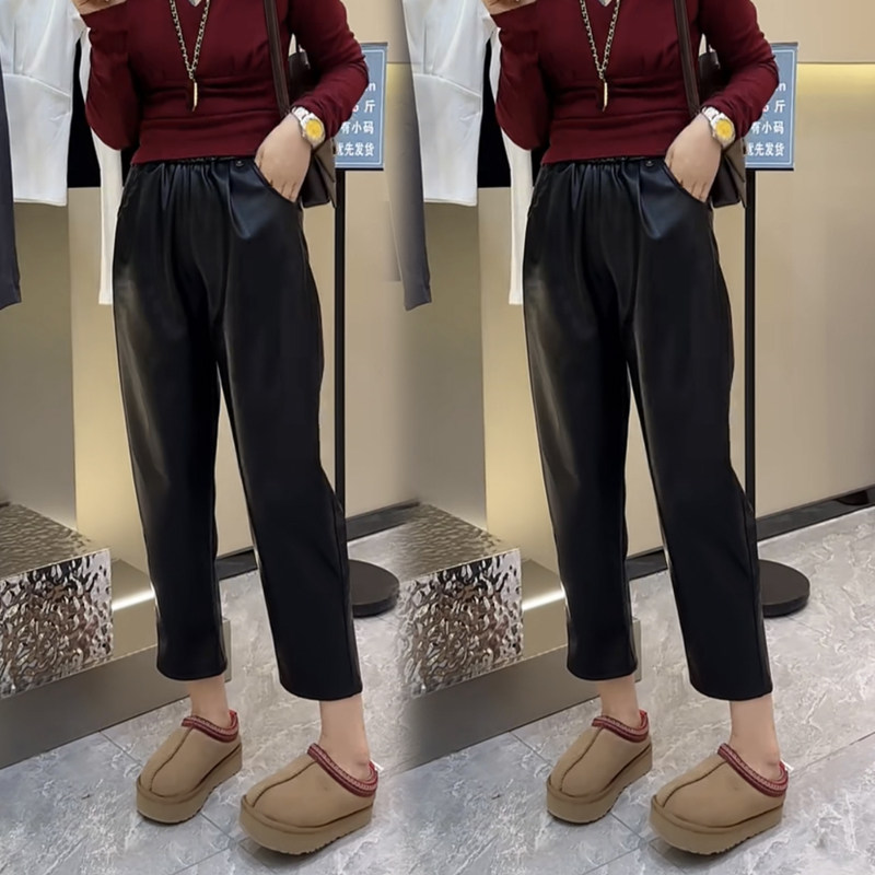 欧货秋冬pu皮裤女松紧腰简约宽松百搭哈伦裤柔软舒适休闲九分裤潮,淘宝优惠券,粉丝福利购,淘宝优惠卷