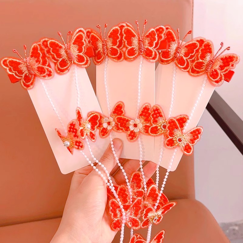 儿童新年发饰流苏蝴蝶发夹小女孩中国风发链宝宝对夹女童过年发卡