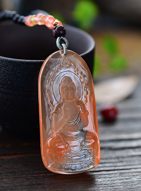 红水晶佛祖吊坠俏色雕刻挂件礼物