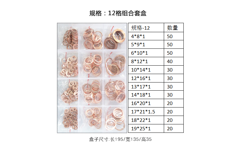 紫铜垫片 垫圈组合装 维修装 盒装紫铜垫片 规格齐全 实用10格装 - 图2