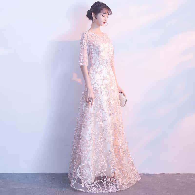 长袖女2020新款香槟色长款晚礼服 缇姿婚纱礼服/晚装