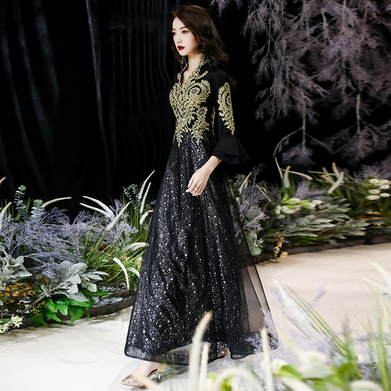 黑色晚礼服女新款2022爆款长袖裙 缇姿婚纱礼服/晚装