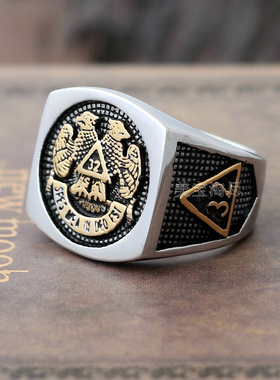 欧美风男士共济会双头鹰钛钢戒指