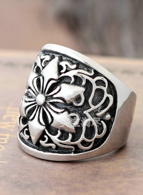 欧美风宽面花纹六芒星钛钢戒指