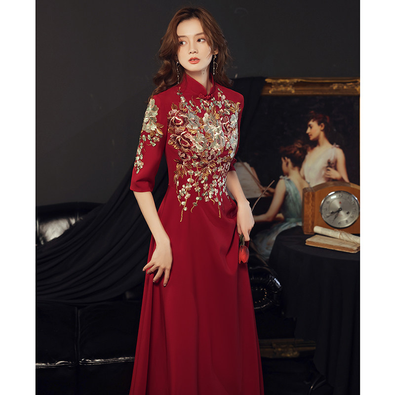新娘旗袍2020新款秋冬酒红色敬酒服 歌绒礼服/晚装