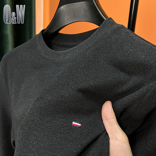 磨毛双面绒纯白色打底衫男长袖t恤秋冬季修身卫衣男圆领德绒保暖