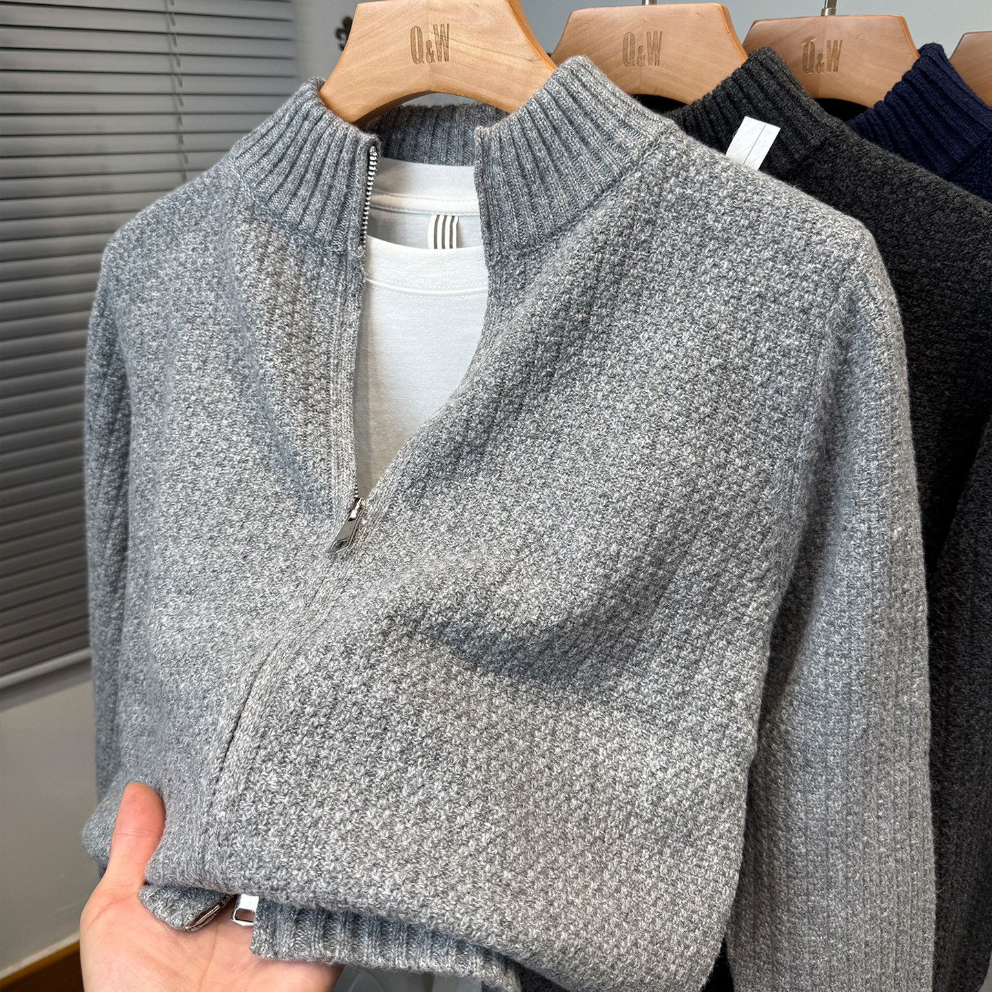 双拉链半高领开衫男针织衫春秋款中年人毛衣外套男装立领外搭纯色,淘宝优惠券,粉丝福利购,淘宝优惠卷