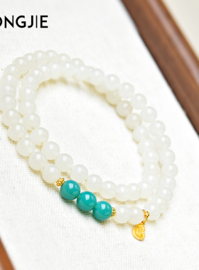 和田玉手串女男羊脂玉白玉东海水晶宝玉石绿松玛瑙散珠子双圈手链
